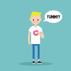 Young blond boy chewing strawberry donut / flat editable vector illustration