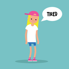 Young exhausted blonde girl. Sad tired character/ flat editable vector illustration