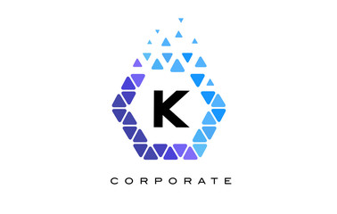 K Blue Hexagon Letter Logo with Triangles.