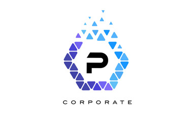 P Blue Hexagon Letter Logo with Triangles.