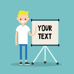 Young blond boy pointing on the flip chart. Your text here / flat editable vector illustration