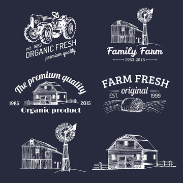 Vector set of farm fresh logotypes. Bio products badges collection. Vintage hand sketched agricultural equipment icons.