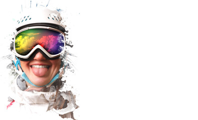 A young snowboard girl wearing a helmet and glasses put out her tongue. The mask reflects the demand.