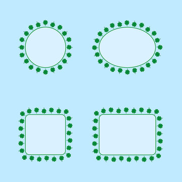 Set of geometric frames with green four-leaf clovers