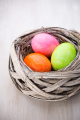 Easter eggs in the nest. Spring discount card.