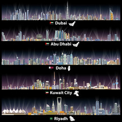Naklejka premium Dubai, Abu Dhabi, Doha, Riyadh and Kuwait city skylines at night with flags and maps of United Arab Emirates, Qatar, Kuwait and Saudi Arabia