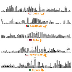 Obraz premium abstrakcyjne ilustracje wektorowe Dubaju, Abu Zabi, Doha, Rijadu i Kuwejtu panoramy miasta w czarno-białej palecie kolorów z flagami i mapami Zjednoczonych Emiratów Arabskich, Kataru, Kuwejtu i Arabii Saudyjskiej