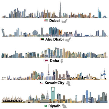 Dubai, Abu Dhabi, Doha, Riyadh and Kuwait city skylines with flags and maps of United Arab Emirates, Qatar, Kuwait and Saudi Arabia