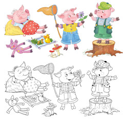 Three little pigs. Fairy tale. Illustration for children. Cute and funny cartoon characters