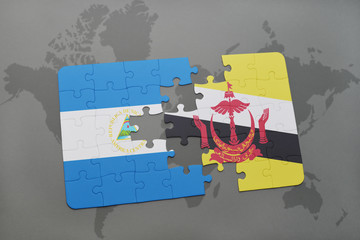 puzzle with the national flag of nicaragua and brunei on a world map