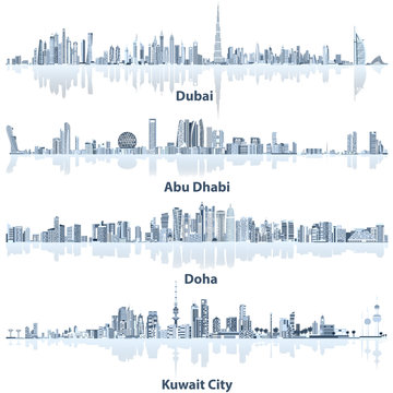 Dubai, Abu Dhabi, Doha and Kuwait city skylines vector illustrations