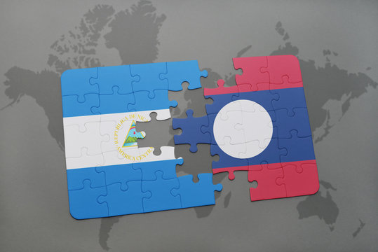 puzzle with the national flag of nicaragua and laos on a world map
