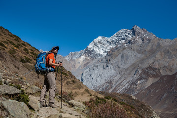 Trekker on Manaslu circuit trek in Nepal