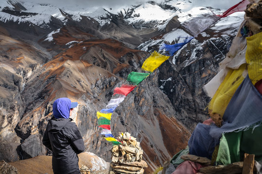 Trekker On Annapurna Circuit In Nepal