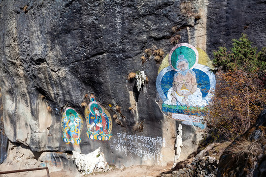 Religious graffiti on the stone on trail to Renjo La Khumbu, Nepal