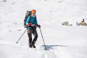 Fototapeta na wymiar Trekker is walking by Renjo La pass in Everest region