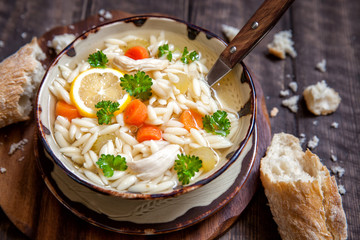 Bowl of Italian Lemon Chicken Orzo Soup