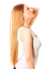 Naklejka premium Blond hair. Beautiful woman with straight long hair.