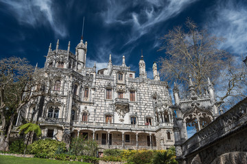 The Regeleira Palace, Quinta da Regaleira, as seen from the bridge over the lower gate, Sintra, Portugal