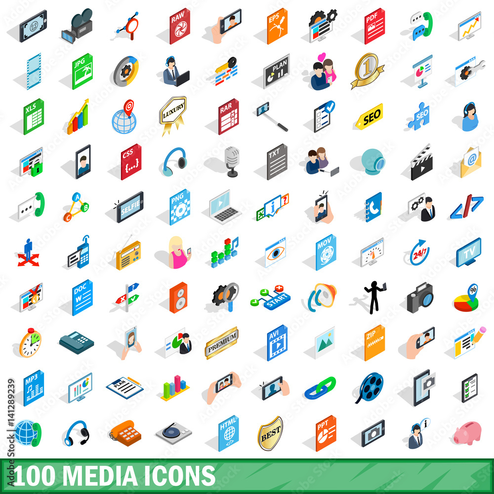 Canvas Prints 100 media icons set, isometric 3d style - Canvas Prints