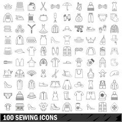 100 sewing icons set, outline style