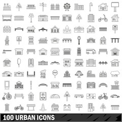 100 urban icons set, outline style