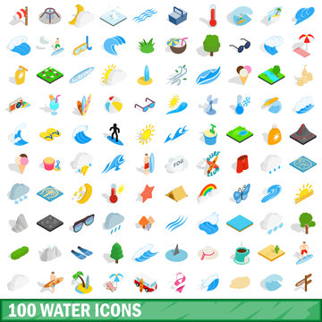 100 water icons set, isometric 3d style