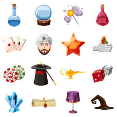 Magician icons set items, cartoon style