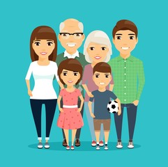 Strong family. All family members are holding hands with each other. Mom and dad, children and grandparents. Happy family.