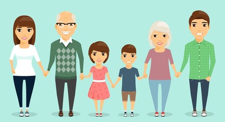 Strong family. All family members are holding hands with each other. Mom and dad, children and grandparents. Happy family.