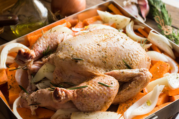 Uncooked chicken in baking form with chopped vegetables carrots sweet potatoes onions, seasoned, prepared for cooking