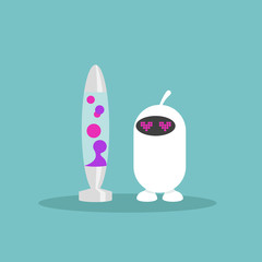 Cute cartoon robot with heart-shaped eyes falling in love with a lava lamp / editable flat vector illustration, clip art
