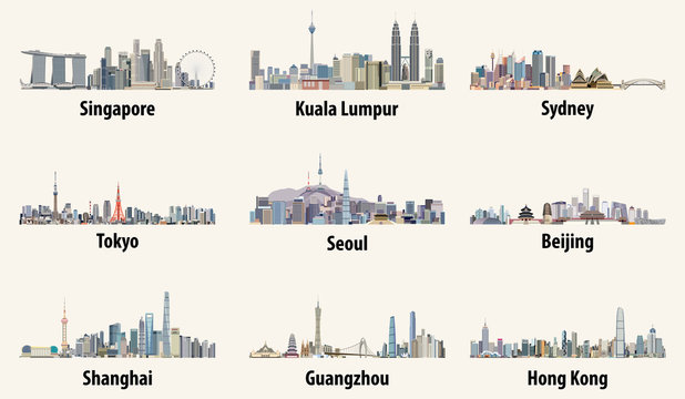 Vector Illustrations Of Singapore Kuala Lumpur Sydney Tokyo Seoul Beijing Shanghai Guangzhou And Hong Kong Skylines Stock Vector Adobe Stock
