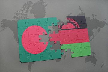 puzzle with the national flag of bangladesh and malawi on a world map