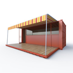 3D rendering of container transformable to mobile shop or cafe.