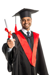 Male african american graduate in gown and cap