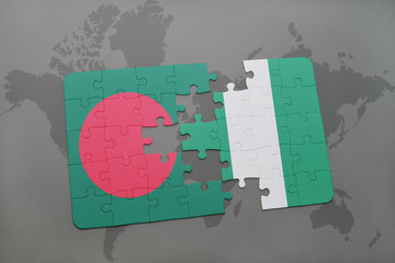 puzzle with the national flag of bangladesh and nigeria on a world map