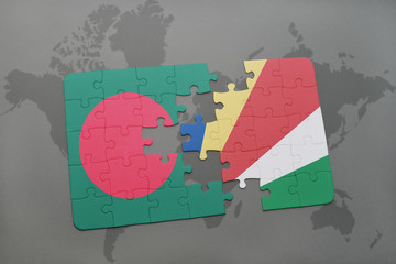 puzzle with the national flag of bangladesh and seychelles on a world map