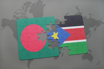 puzzle with the national flag of bangladesh and south sudan on a world map