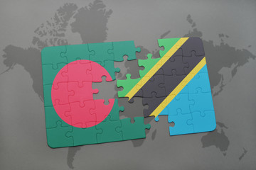 puzzle with the national flag of bangladesh and tanzania on a world map