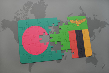 puzzle with the national flag of bangladesh and zambia on a world map