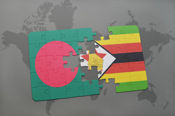 puzzle with the national flag of bangladesh and zimbabwe on a world map