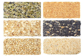 Six different types of multi-grains bars isolated