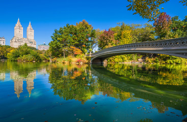 Bow bridge in Central park at Autumn sunny day, New York City