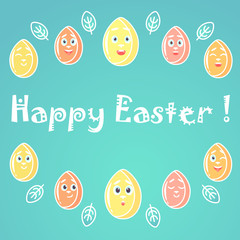 A greeting card for Easter, with emotional bright colored Easter eggs, white lines for decoration, with a font in the middle of the card. Funny fancy font.