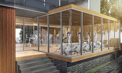 3d rendering wood modern fitness center in summer