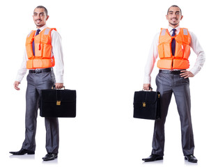 Man in life jacket isolated on white