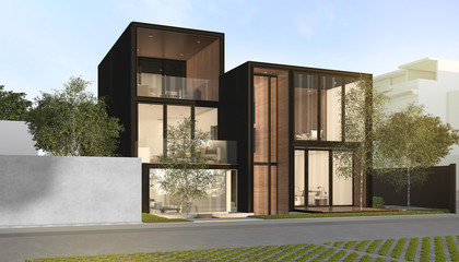 3d rendering black loft modern house
