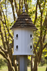 Large, white birdhouse surrounded by lush green trees.