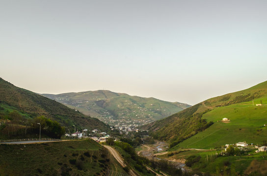 Beautiful landscape in the mountains with the sun at dawn. Mountains at the sunset time. Azerbaijan, Talish Mountains. Yardimli Masalli